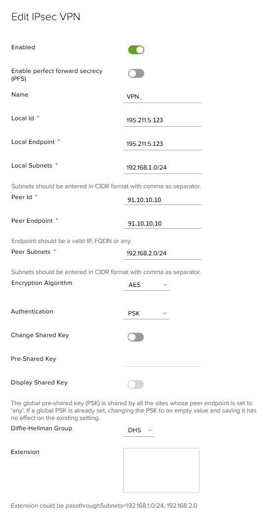 Настройка параметров VPN тунеля в IPsec site-to-site VPN Перейдите на вкладку IPsec VPN sites и нажмите плюс. Появится окно для настройки параметров VPN тунеля