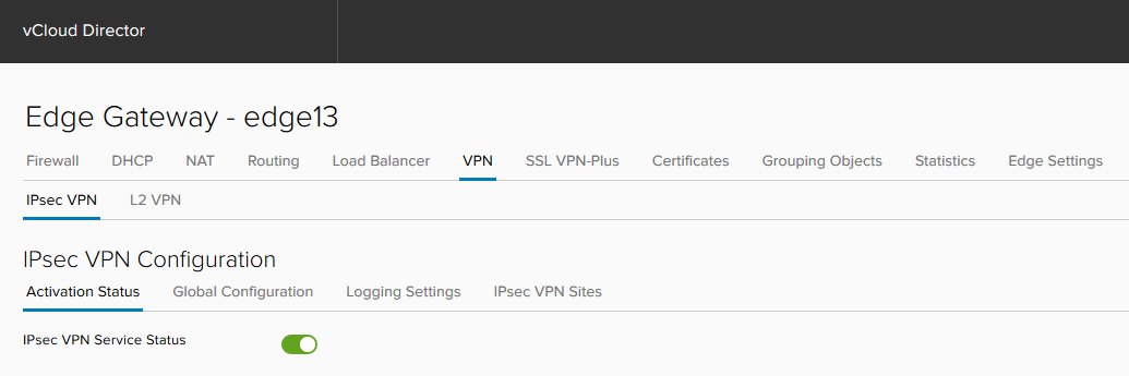 Вкладка VPN и активация IPsec VPN Service Status. Откройте вкладку VPN и активируйте IPsec VPN Service Status.