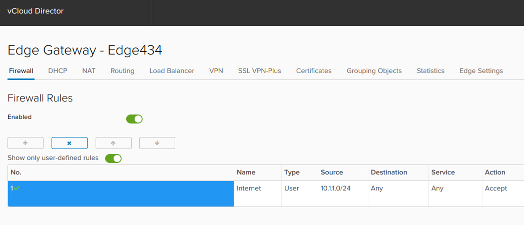 Edge, настройка Firewall: В поле Action выбираем accept или deny В итоге правило Firewall, разрешающее ВМ доступ в Интернет, будет выглядеть следующим образом