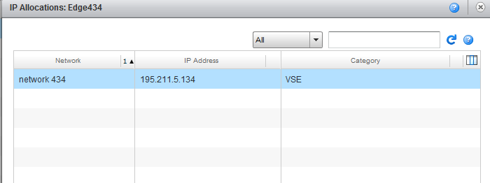 Просмотр адресов на внешних интерфейсах через пункт меню External IP Allocations в свойствах vShield Edge Можно посмотреть распределение адресов на внешних интерфейсах через пункт меню External IP Allocations в свойствах vShield Edge.
