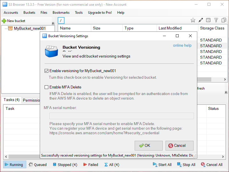 Enable versioning for Bucket