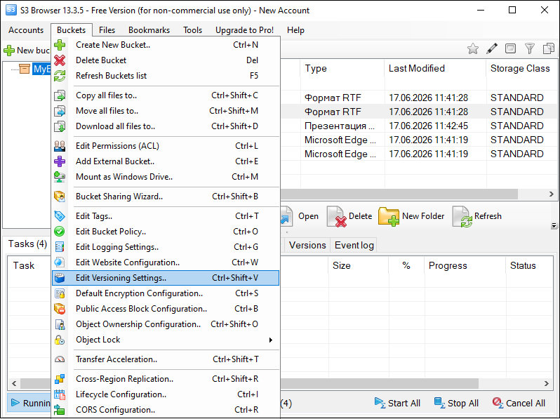 Включение версионирования в S3 Browser Edit Versioning Settings S3 Browser